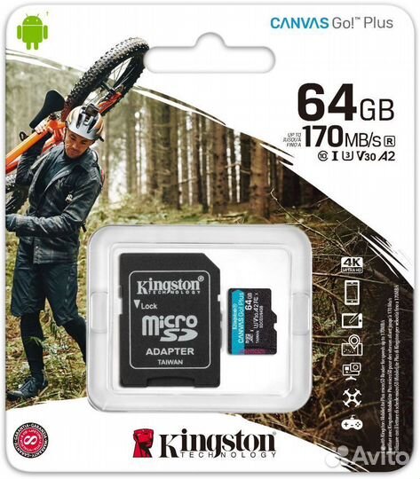 MicroSD 64 Гб, Kingston GO, V30, A2, запись 70 мб