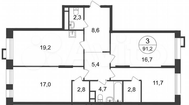 3-к. квартира, 91,2 м², 17/20 эт.