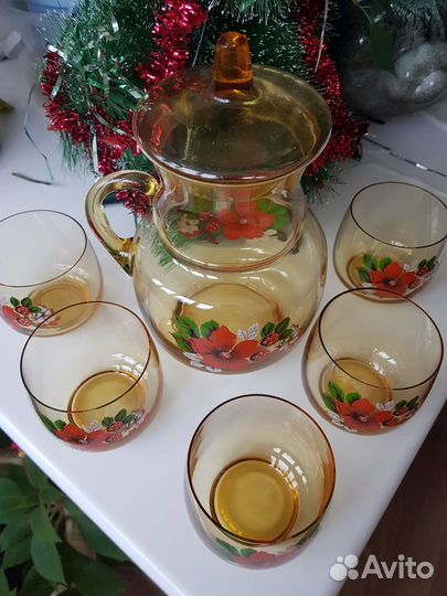 Набор кувшин с стаканами темного стекла СССР