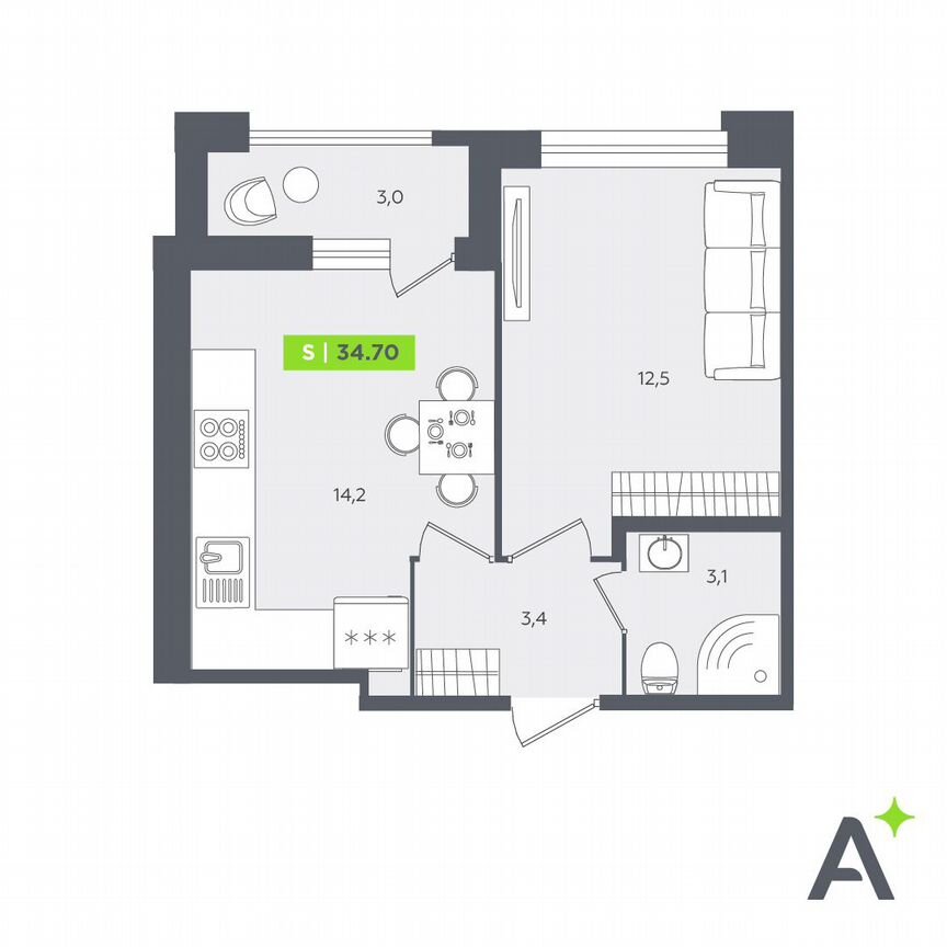 1-к. квартира, 34,7 м², 1/13 эт.