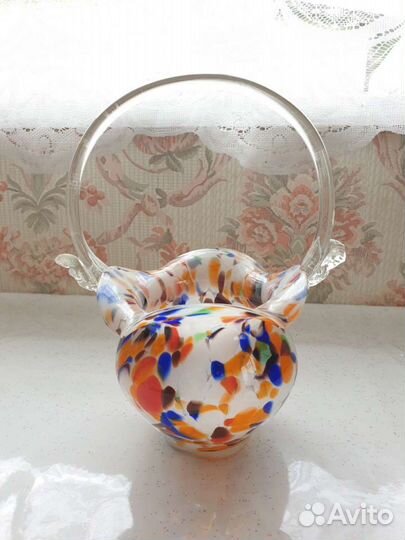 Винтаж конфетница корзинка гутное стекло СССР