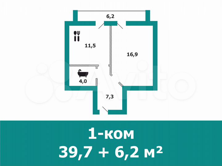 1-к. квартира, 39,7 м², 1/4 эт.