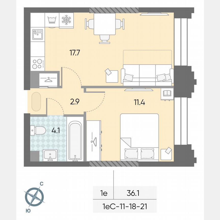 1-к. квартира, 36,1 м², 24/43 эт.