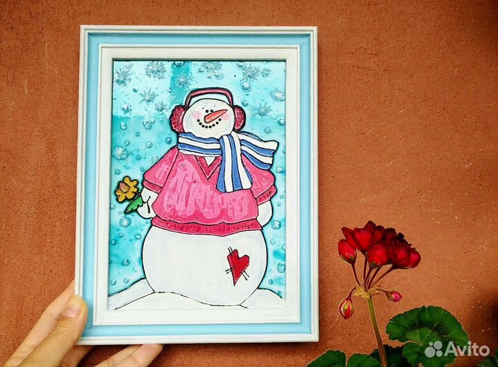 Витражные картины «Снеговички» 13*18 см в рамках