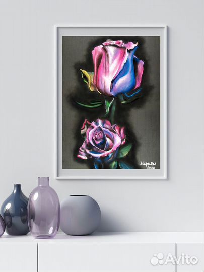 Картина пастелью Две розы на темном - гиперреализм