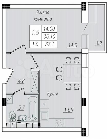 1-к. квартира, 37,1 м², 4/10 эт.