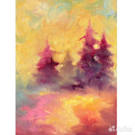 Картина пейзаж, рассвет в лесу, 18/24 см