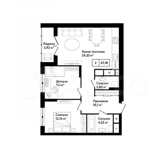 2-к. квартира, 67,2 м², 4/25 эт.