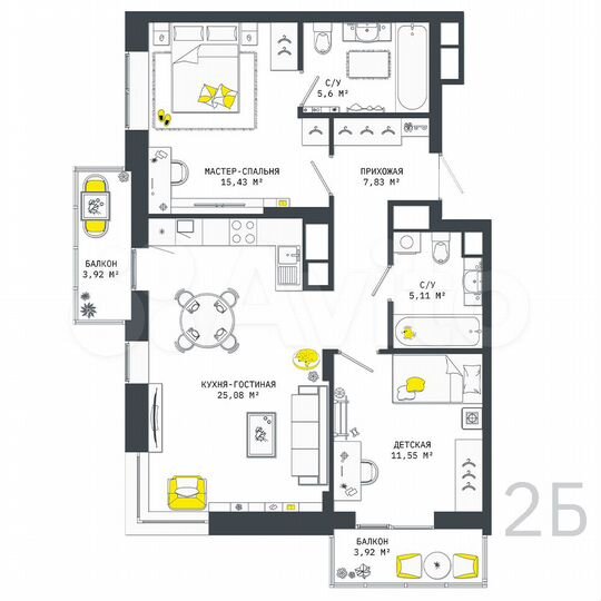2-к. квартира, 78,4 м², 12/25 эт.