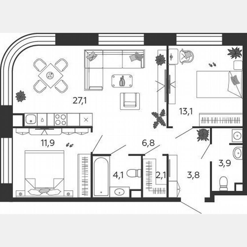 2-к. квартира, 72,8 м², 15/27 эт.