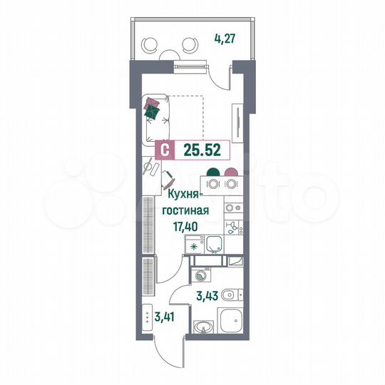 Квартира-студия, 25,5 м², 10/16 эт.