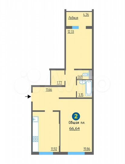 2-к. квартира, 66 м², 1/10 эт.