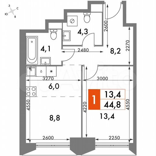1-к. квартира, 44,8 м², 26/47 эт.
