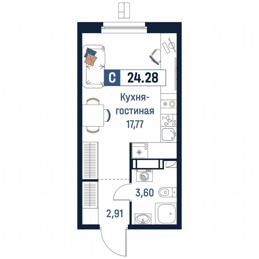 Квартира-студия, 24,3 м², 6/18 эт.