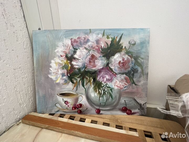 Картина маслом пионы (в раме)