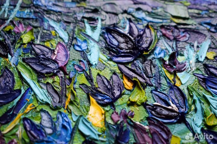 Картина маслом на холсте Синие тюльпаны импасто