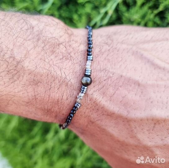 Обсидиан браслет с обсидианом и алмазами из бусин