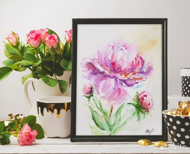 Картина акварелью Пион