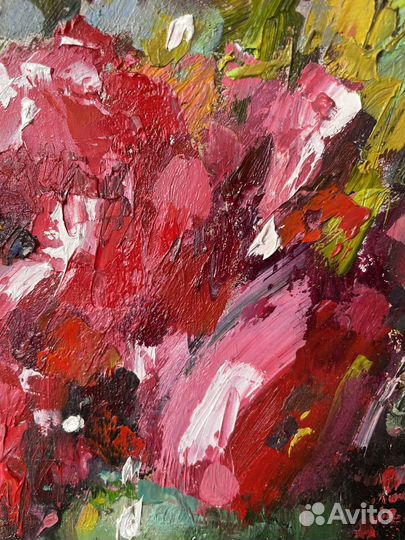 Красные розы букет картина маслом 21*20см