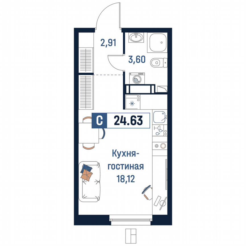 Квартира-студия, 24,6 м², 7/18 эт.