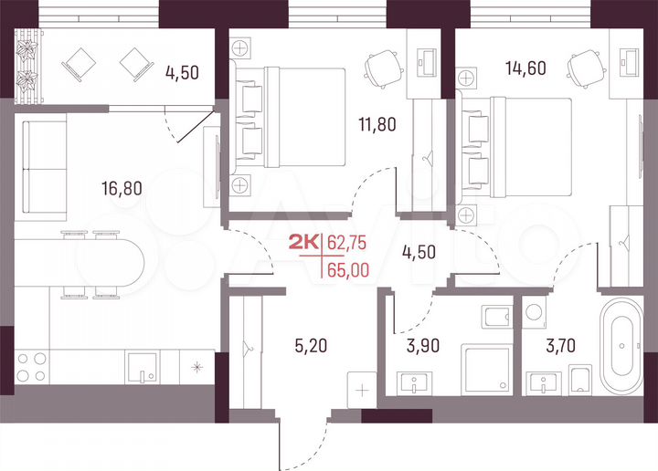 2-к. квартира, 62,8 м², 9/25 эт.