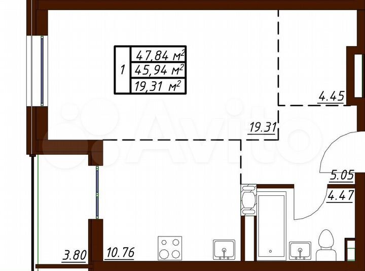1-к. квартира, 47,8 м², 7/19 эт.