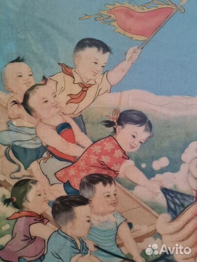 Лаковое панно.Картина. Китай 50е годы. Пионеры