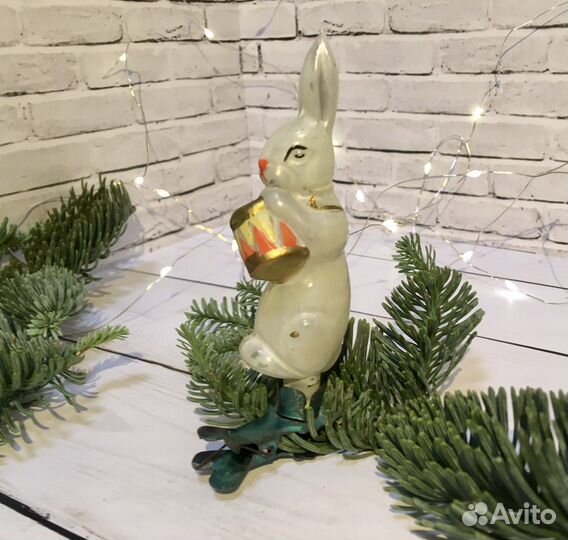 Елочная игрушка СССР заяц с барабаном