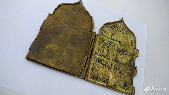 Складень Икона XIX века Бронза Эмаль с позолотой