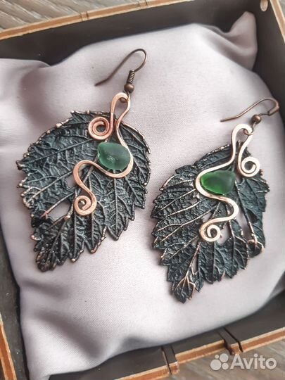 Медные серьги ручной работы из листиков малины