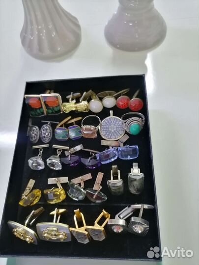 Запонки серебро СССР, камни, стекло, пластик