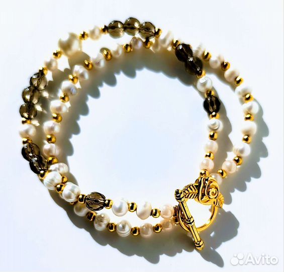 Браслет из натурального жемчуга и раухтопаза