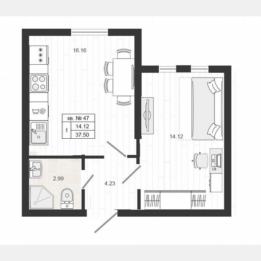 1-к. квартира, 37,5 м², 1/4 эт.