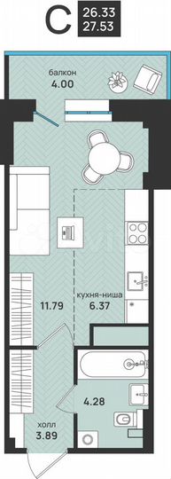 Квартира-студия, 27,5 м², 3/9 эт.