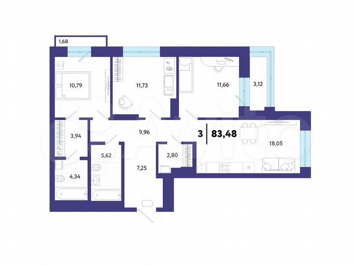 3-к. квартира, 83,5 м², 7/24 эт.