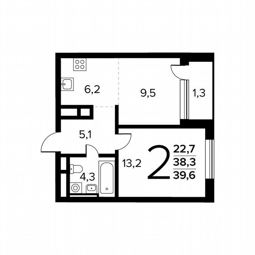 2-к. квартира, 39,6 м², 13/14 эт.