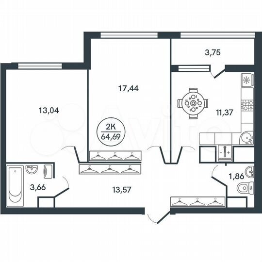 2-к. квартира, 64,7 м², 15/17 эт.
