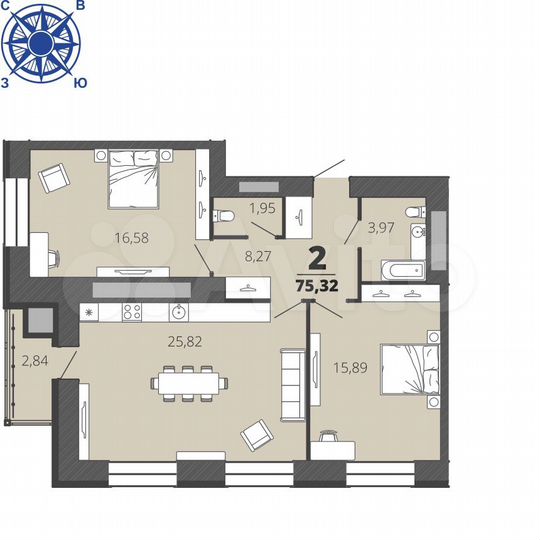 2-к. квартира, 75,3 м², 12/16 эт.