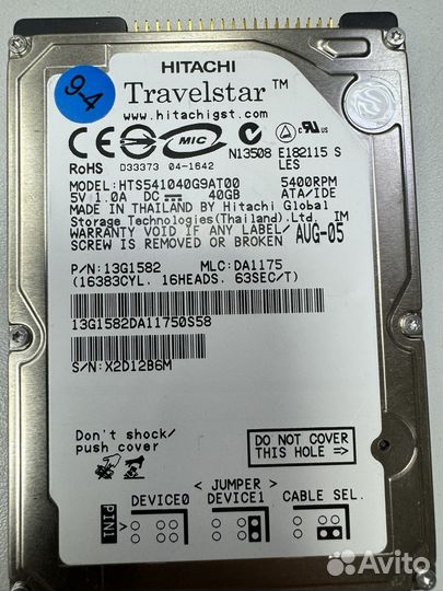 Жесткий диск hgst 40 гб IDE HTS541040G9AT00