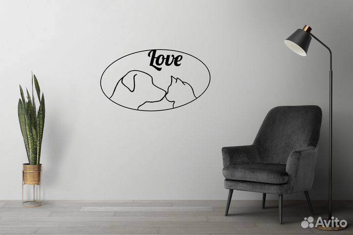 Кот и собака, интерьерная картина, дерево