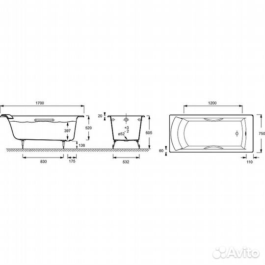 Чугунная ванна Jacob Delafon Biove 170x75