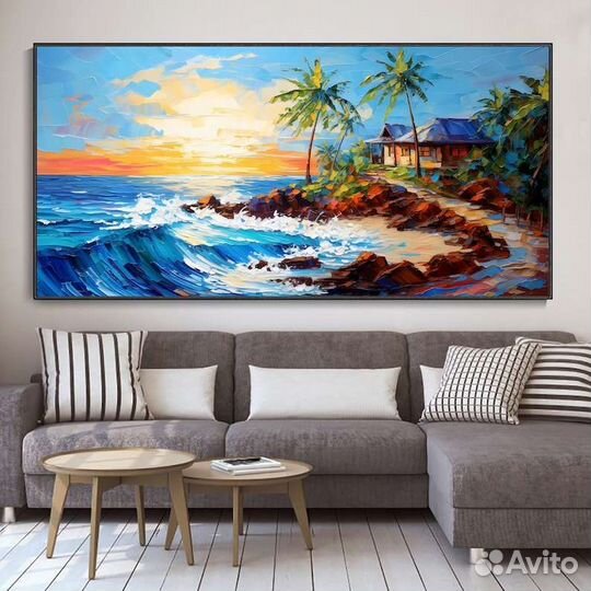 Текстурная картина маслом Закат над островом
