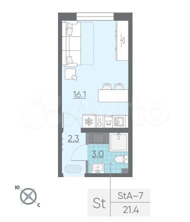 Квартира-студия, 21,4 м², 9/25 эт.