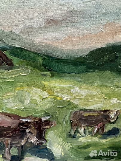 Пейзаж маслом, коровы на лугу