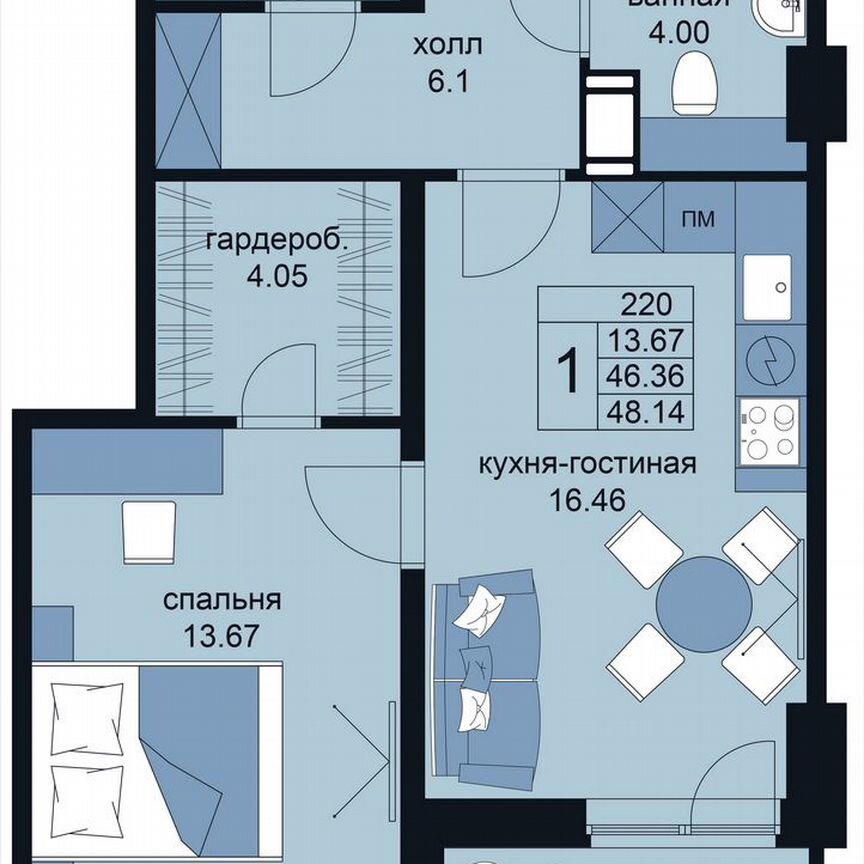 1-к. апартаменты, 48 м², 12/15 эт.