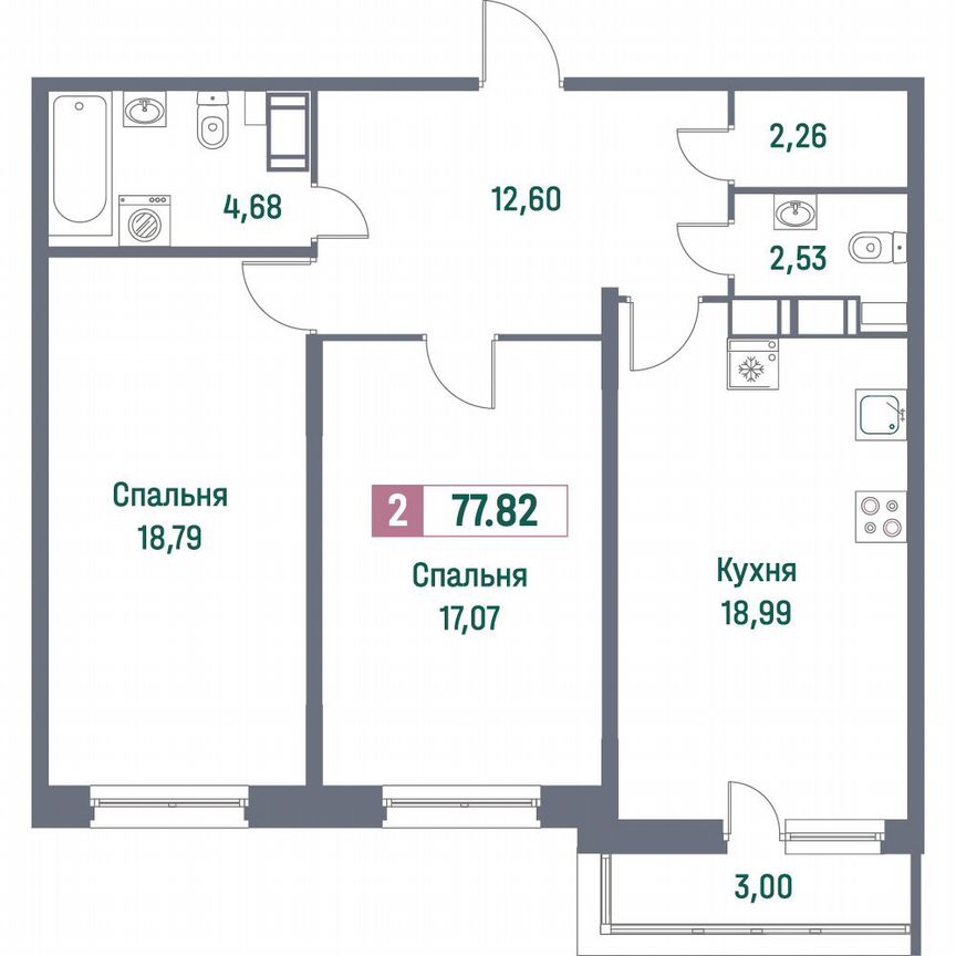 2-к. квартира, 77,8 м², 13/16 эт.