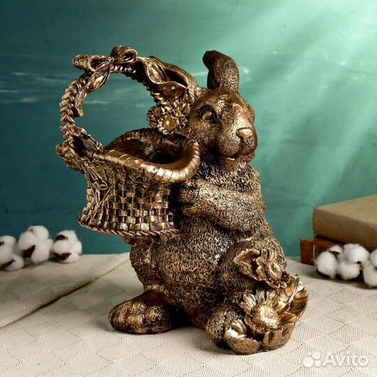 Подставка для мелочей 'Зайка с лукошком' бронза, 2