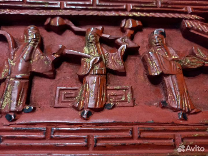 Китай 19 век барельеф панно 3 божества, резьба дер