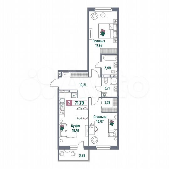 2-к. квартира, 71,8 м², 13/16 эт.