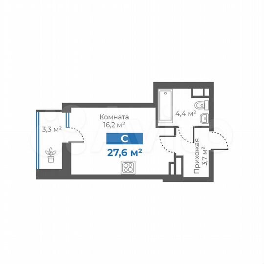 Квартира-студия, 27,6 м², 7/15 эт.